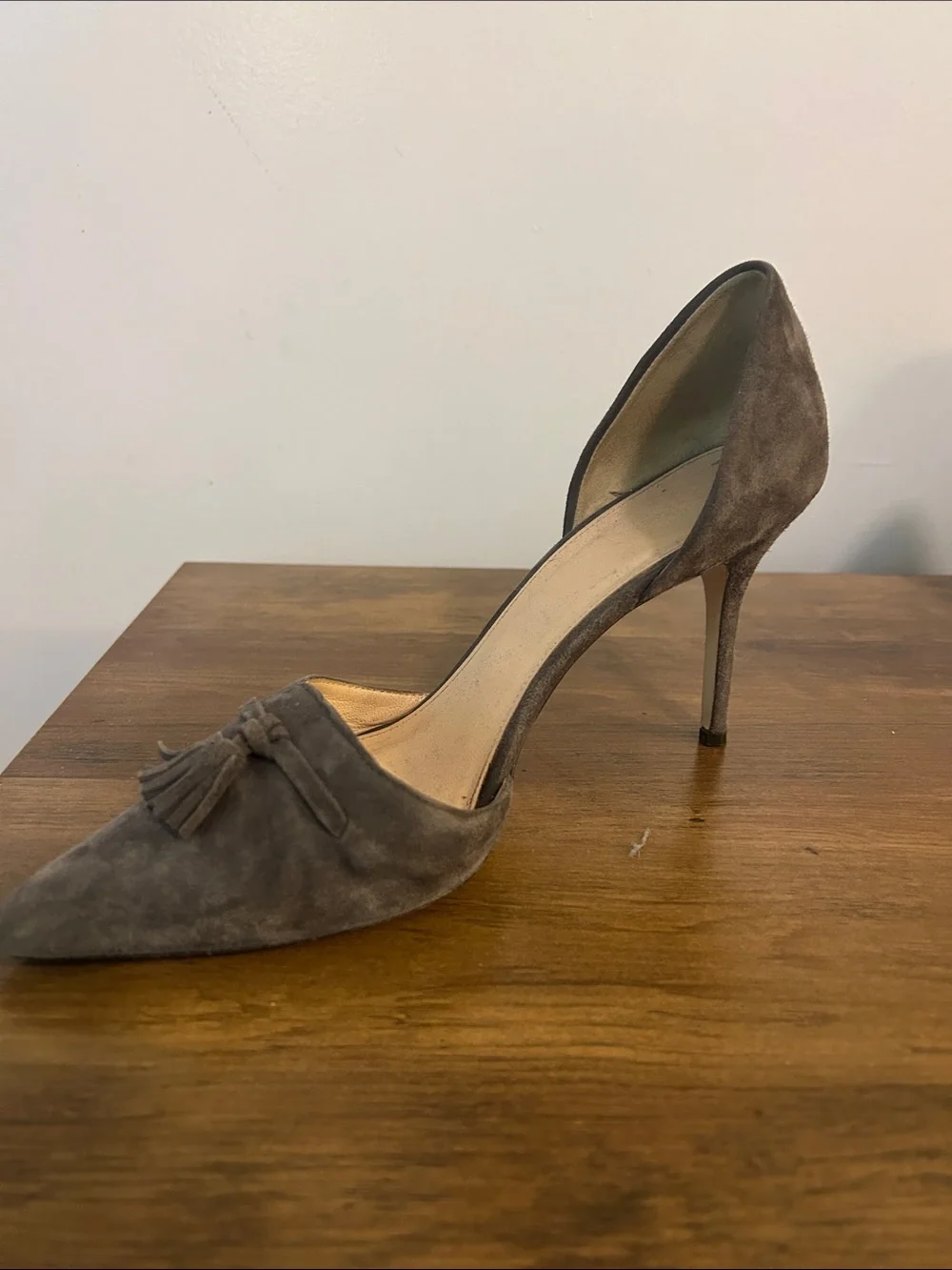 J. Crew Taupe Suede Pointed D'Orsay Heels with Tassels